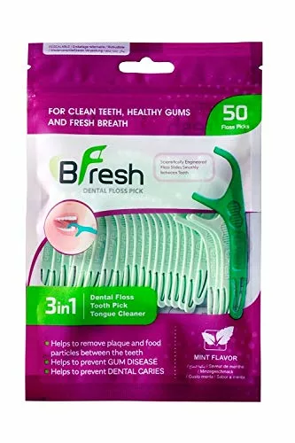 BFresh 3 in 1 Dental Floss Picks 50 Pcs Mint flavored flosser with tongue cleaner and toothpick for fresh breath and healthy gums