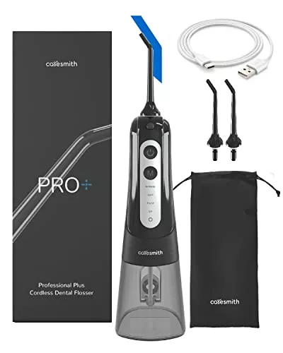 Caresmith Pro+ Cordless Oral Flosser | 4 Modes with Adjustable Water Pressure that suits you | 300 ml Large Detachable Water Tank | IPX7 Waterproof | 2 Jet Tips Provided