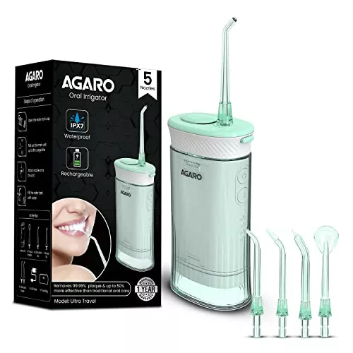 AGARO Ultra Travel Dental Flosser for teeth,Portable,Cordless,Rechargeable,4 Cleaning Modes, IPX7 Waterproof,180ml Water tank,Flossing at Home & Travel, Oral Flosser,Oral Irrigator, Sea Green